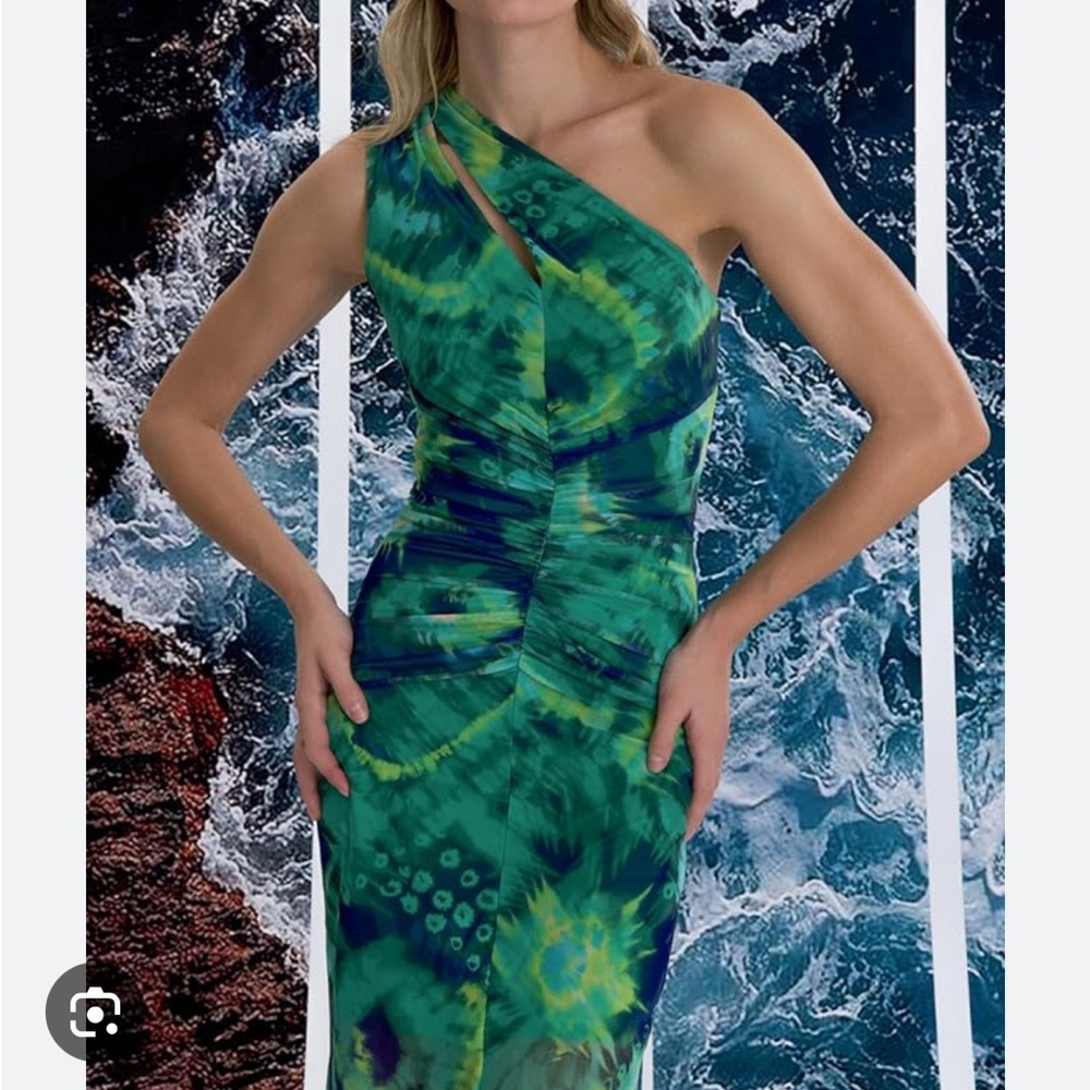 Donna Morgan Green Blue Asymmetrical Ruched Sheath Dress